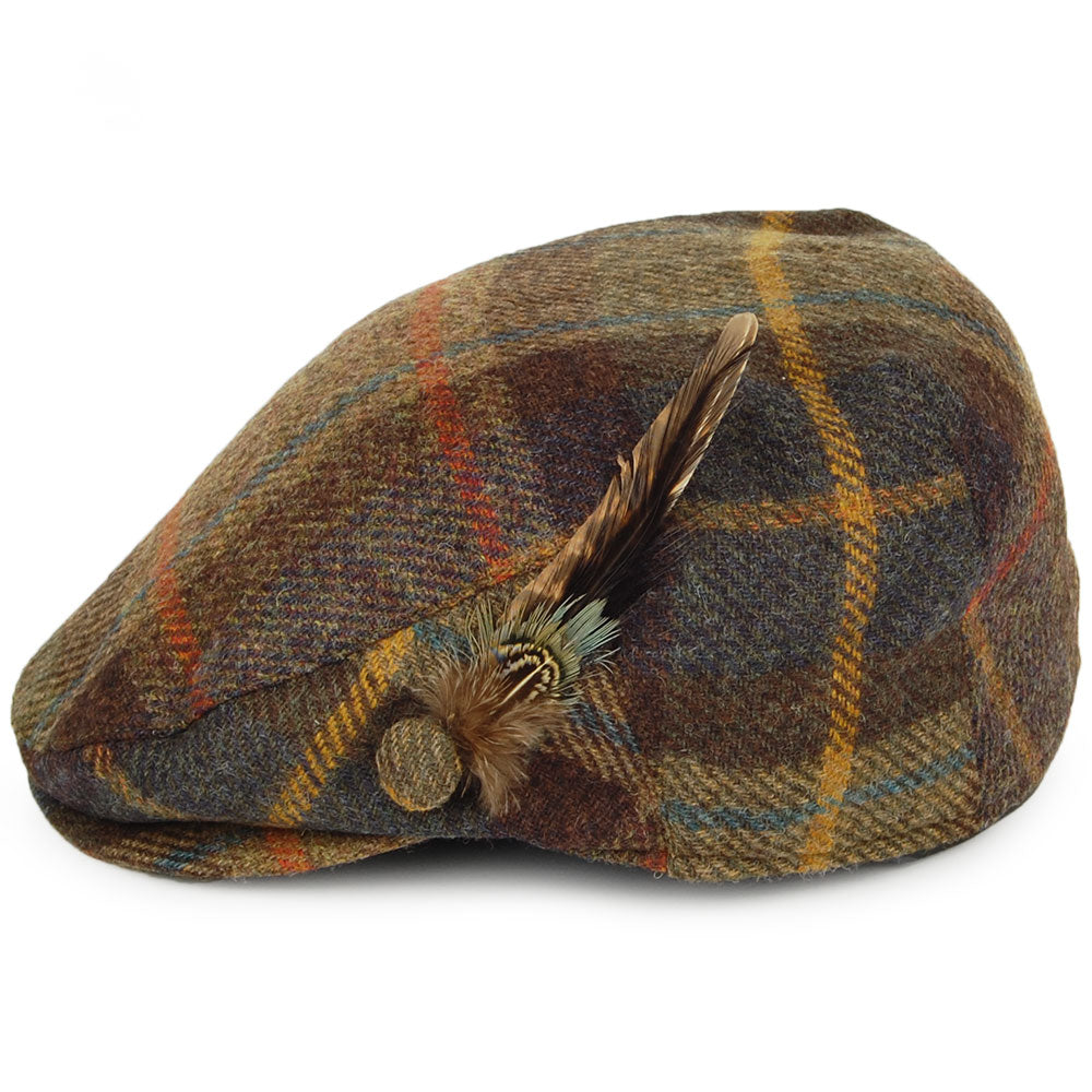 Casquette Plate en Laine Britannique Tartan avec Plume olive mélangé FAILSWORTH