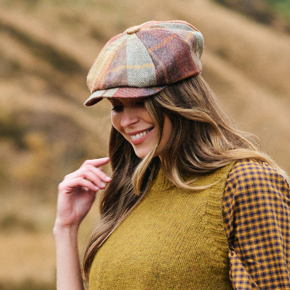 Casquette Gavroche en Laine Britannique Tartan moutarde-marron-vin FAILSWORTH