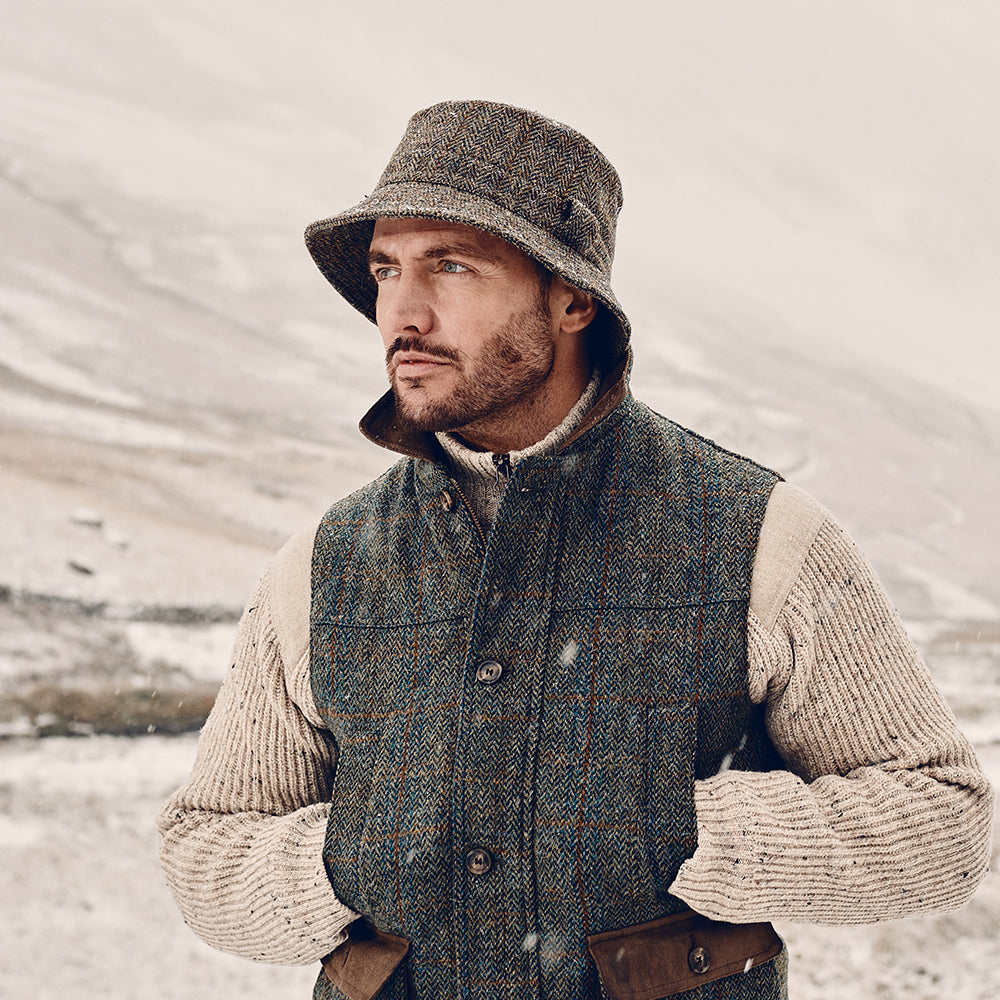 Chapeau Bob en HARRIS TWEED Grouse vert-bleu FAILSWORTH