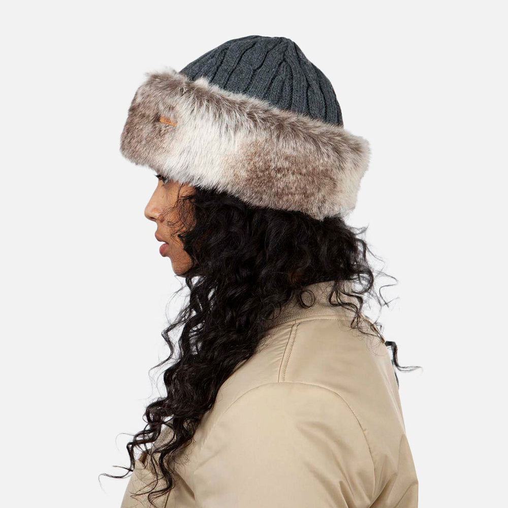 Bonnet à Torsades et Fausse Fourrure anthracite-beige sable BARTS