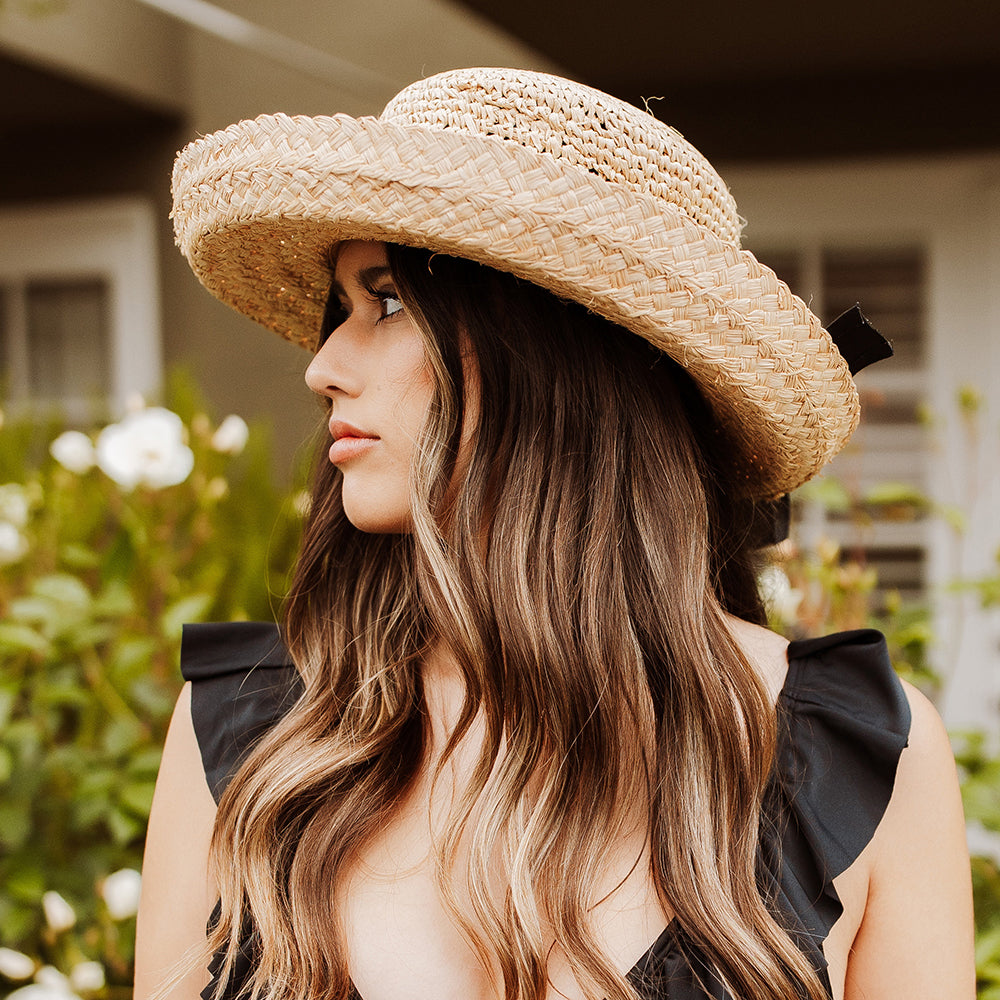 Chapeau Été en Paille Raphia Bio Crochetée naturel Bandeau noir SCALA