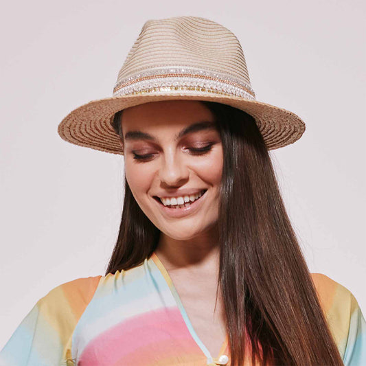 Chapeau Fedora en Paille Toyo avec Bandeau à Sequins naturel-marron clair SEEBERGER