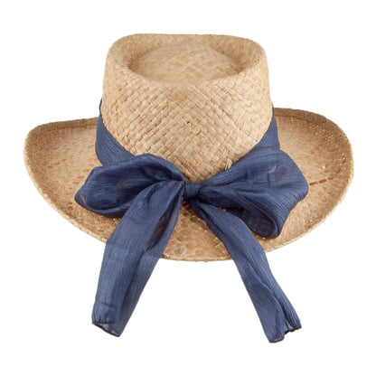 Chapeau Gambler avec Nœud Porquerolles en Raphia naturel et bleu marine SCALA