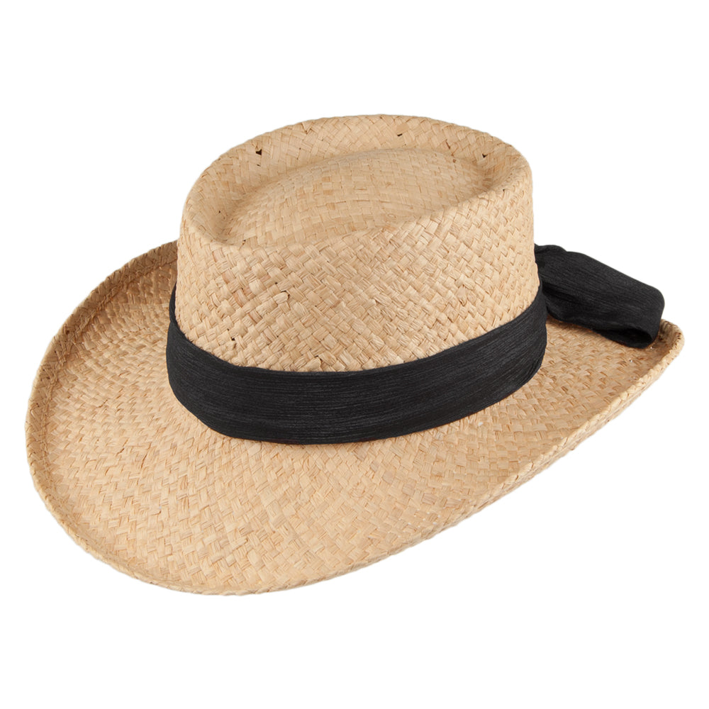 Chapeau Gambler avec Nœud Porquerolles en Raphia naturel et noir SCALA