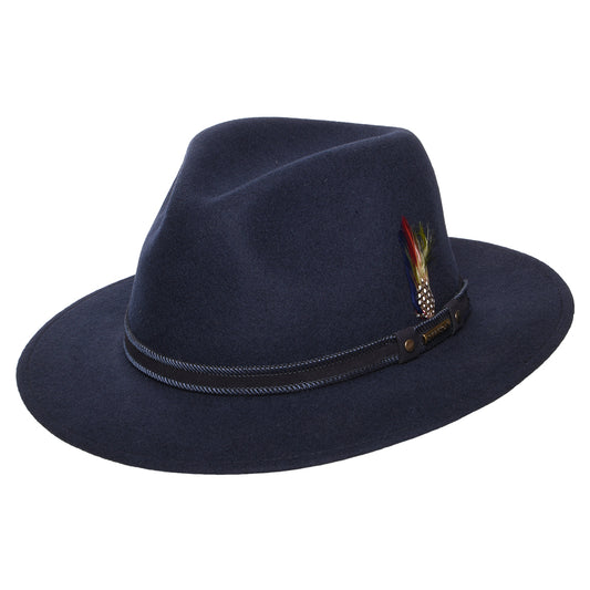 Chapeau Fedora Safari en Laine Feutrée Hydrofuge Tenvelco Traveller bleu marine STETSON