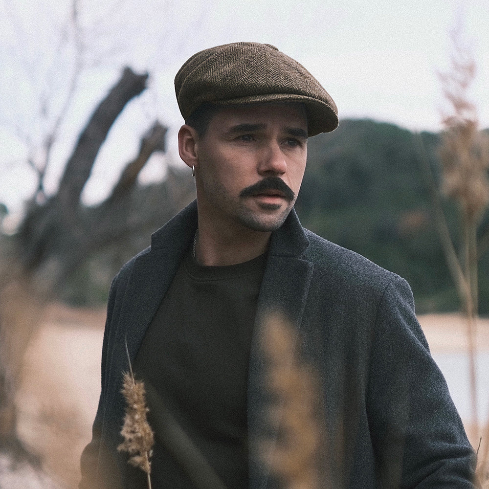 Casquette Gavroche en HARRIS TWEED Northbay olive-marron JAXON & JAMES