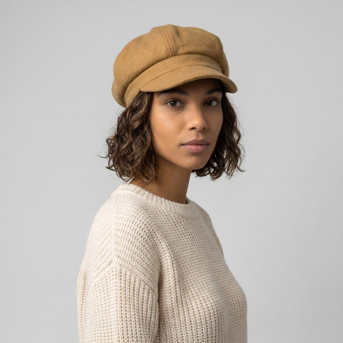 Casquette Gavroche en Laine Mélangée camel SUR LA TÊTE