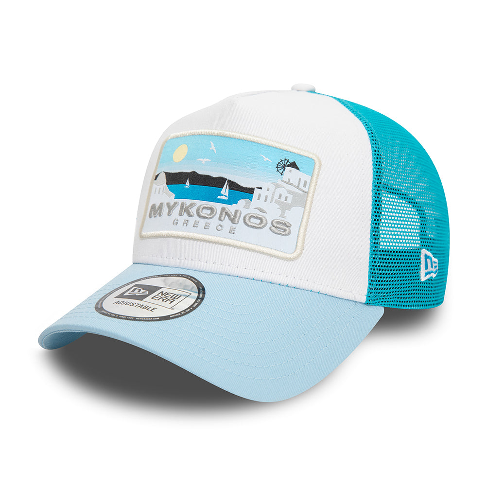 Casquette Trucker NE Summer A-Frame Mykonos blanc-bleu clair NEW ERA