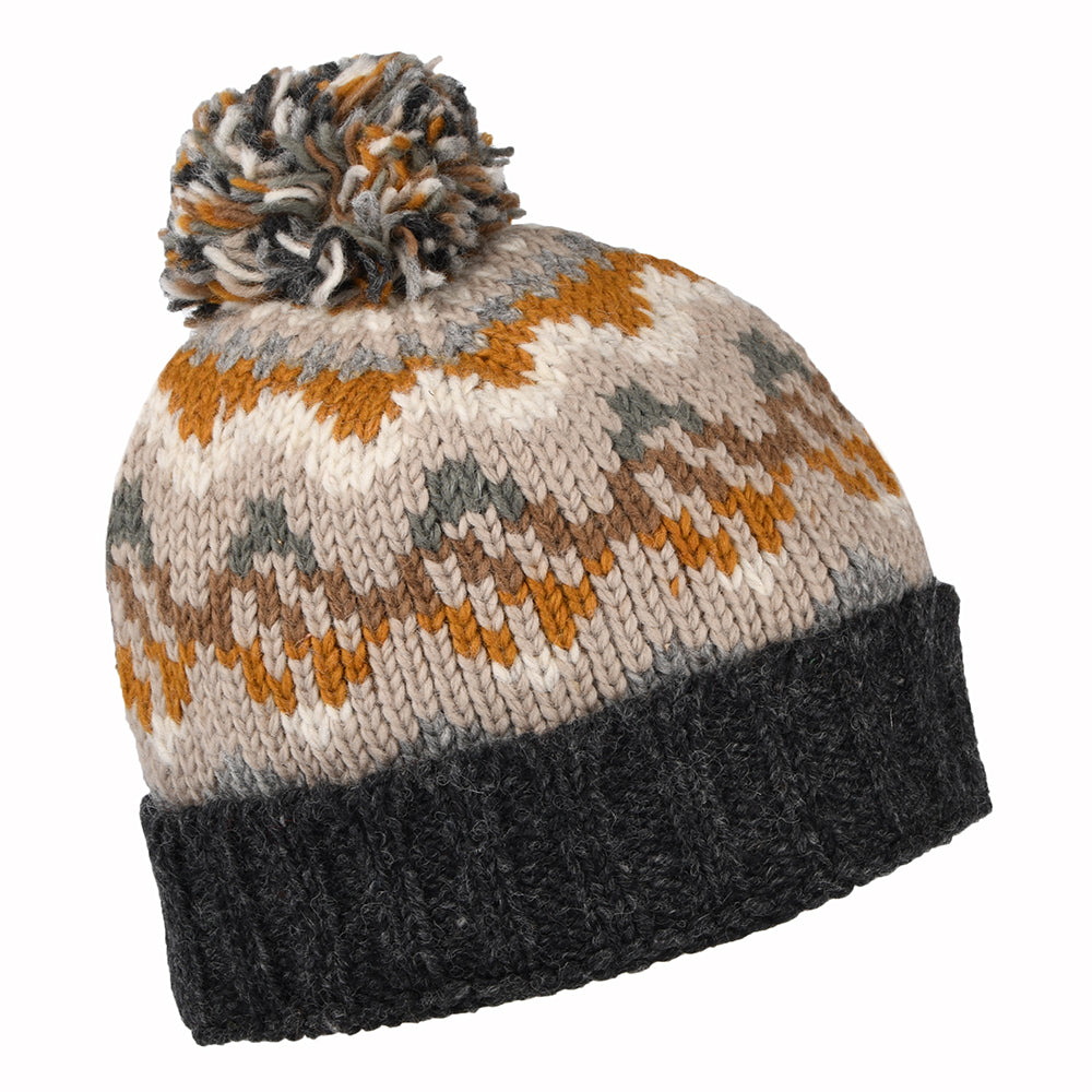 Bonnet à Pompon et à Revers Vague anthracite-gris-moutarde KUSAN
