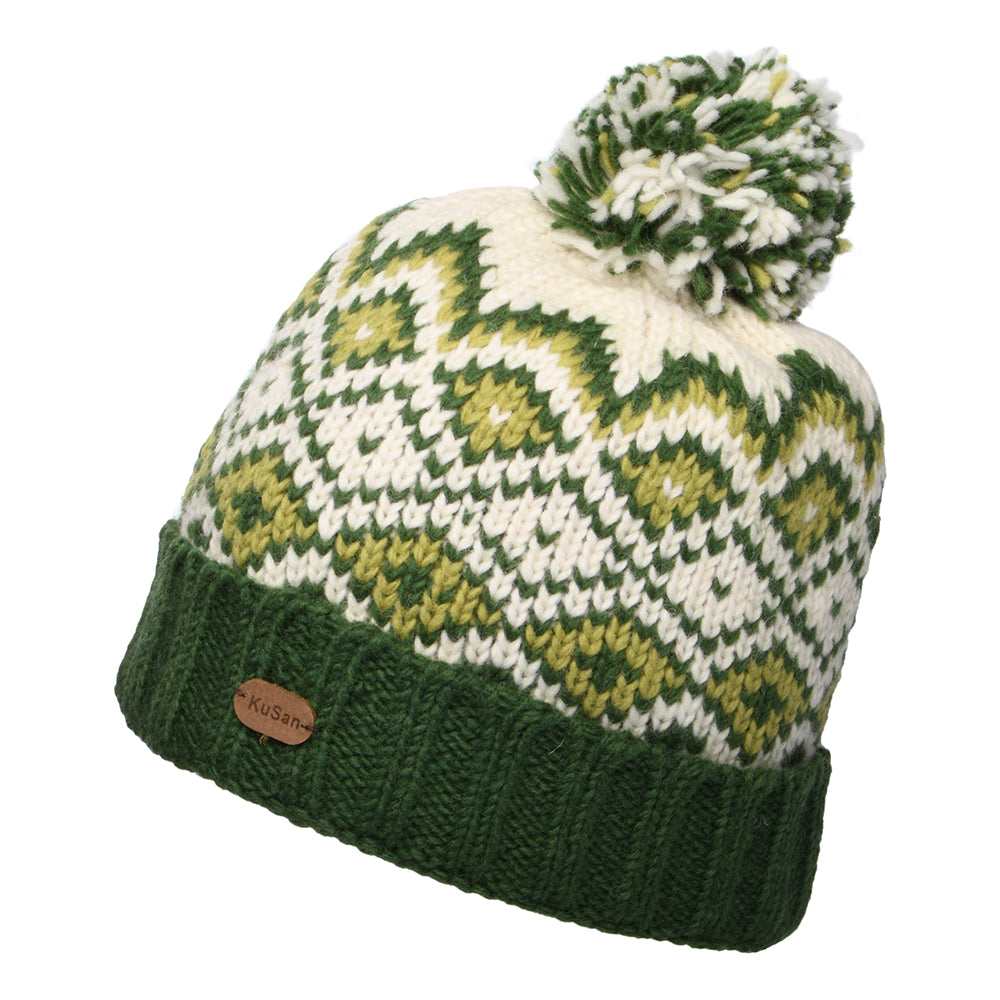 Bonnet à Pompon et à Revers Losanges vert-crème KUSAN