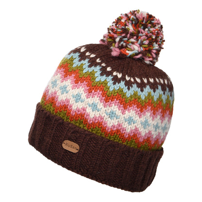 Bonnet à Pompon et à Revers Fair Isle châtaigne KUSAN