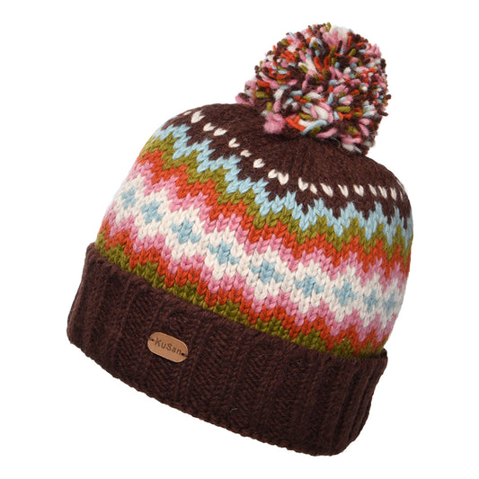 Bonnet à Pompon et à Revers Fair Isle châtaigne KUSAN