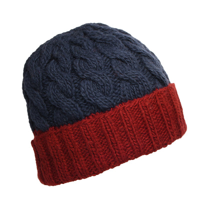 Bonnet à Revers et à Torsades Bicolore bleu marine-rouge KUSAN
