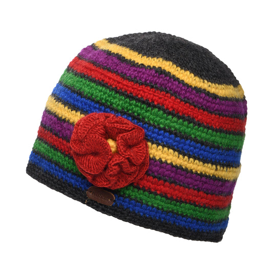 Bonnet en Crochet à Fleur anthracite-rouge KUSAN