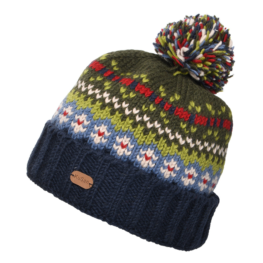 Bonnet à Pompon Fair Isle Mosaic bleu-vert KUSAN