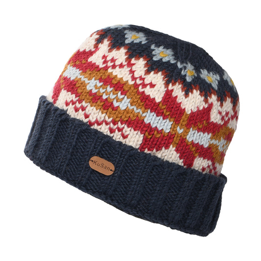 Bonnet à Revers Snowflake bleu-moutarde KUSAN