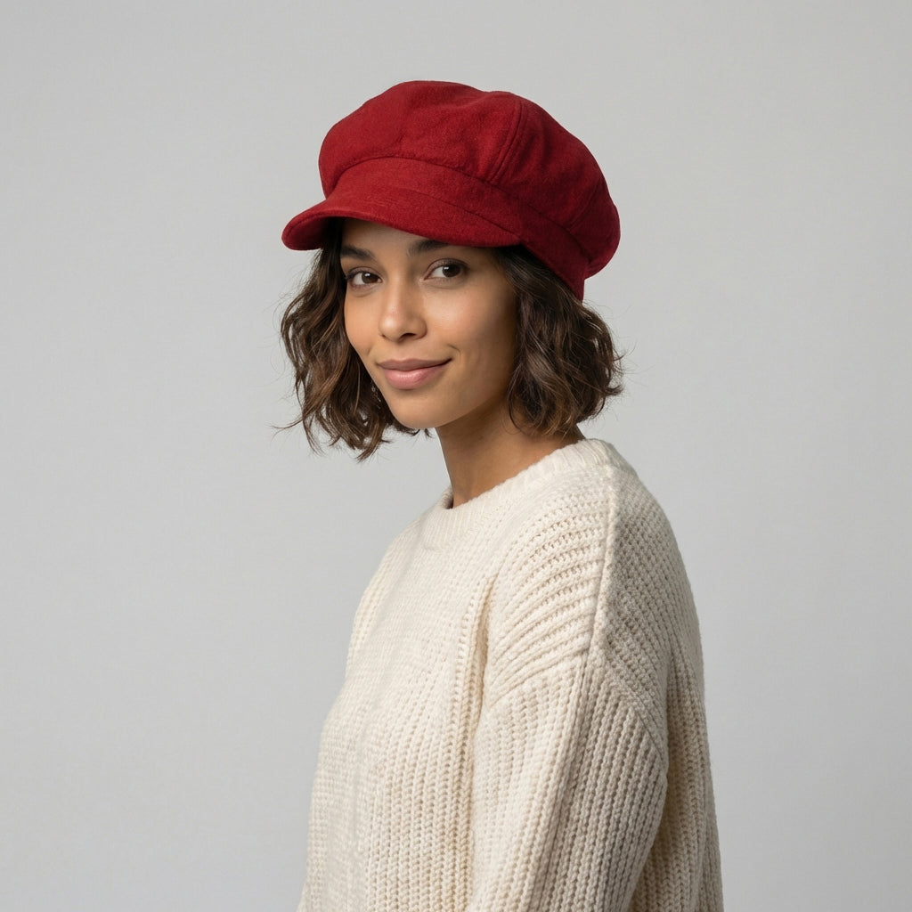 Casquette Gavroche en Laine Mélangée rouge SUR LA TÊTE - VENTE EN GROS