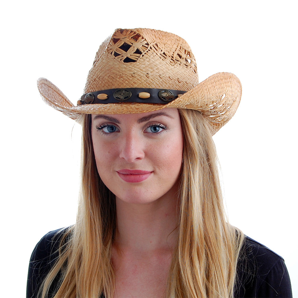 Chapeau de Cowboy en Raphia Annie Oakley naturel SUR LA TÊTE