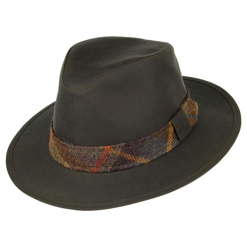 Chapeau Fedora en Coton Ciré avec Bandeau en Tartan Drifter olive FAILSWORTH