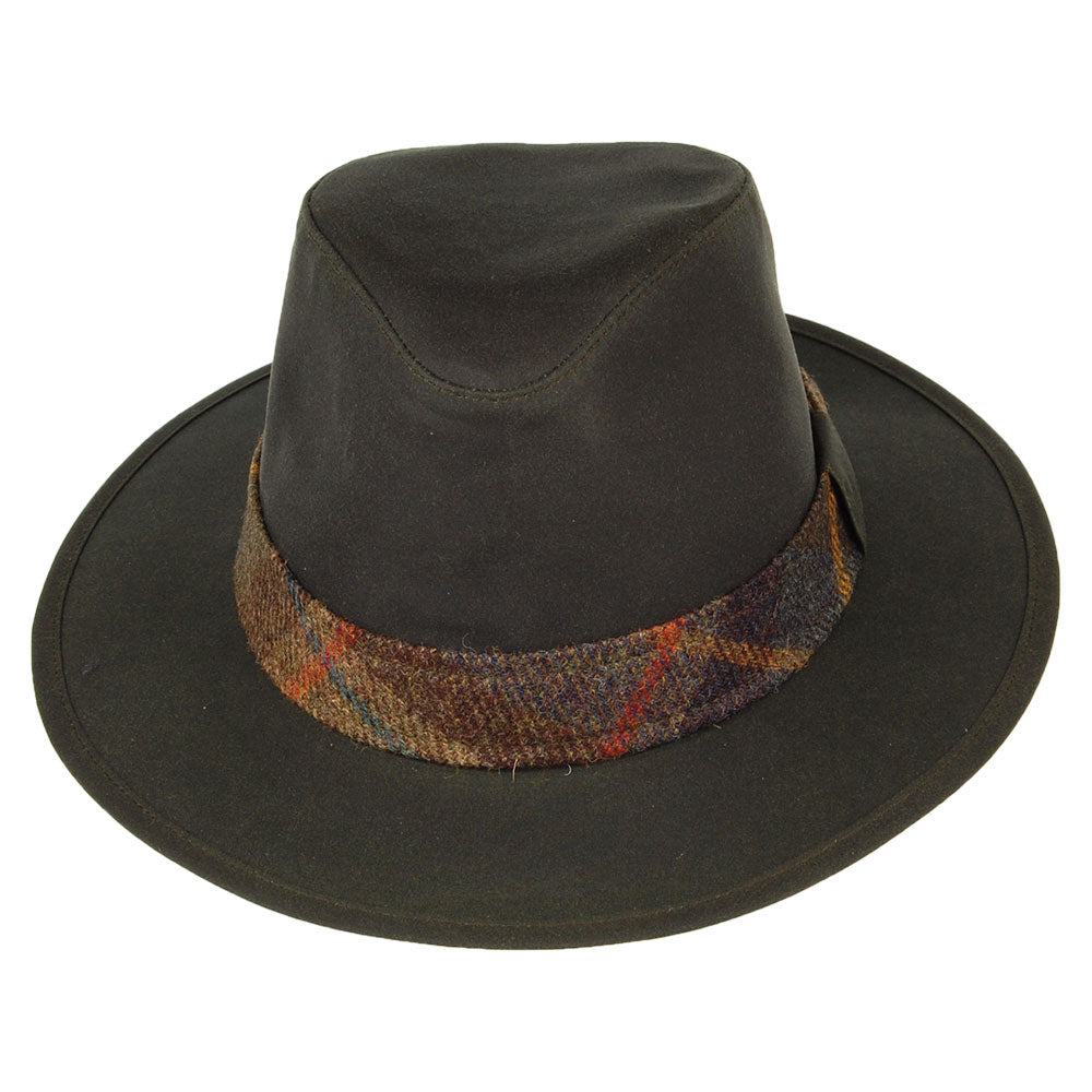 Chapeau Fedora en Coton Ciré avec Bandeau en Tartan Drifter olive FAILSWORTH