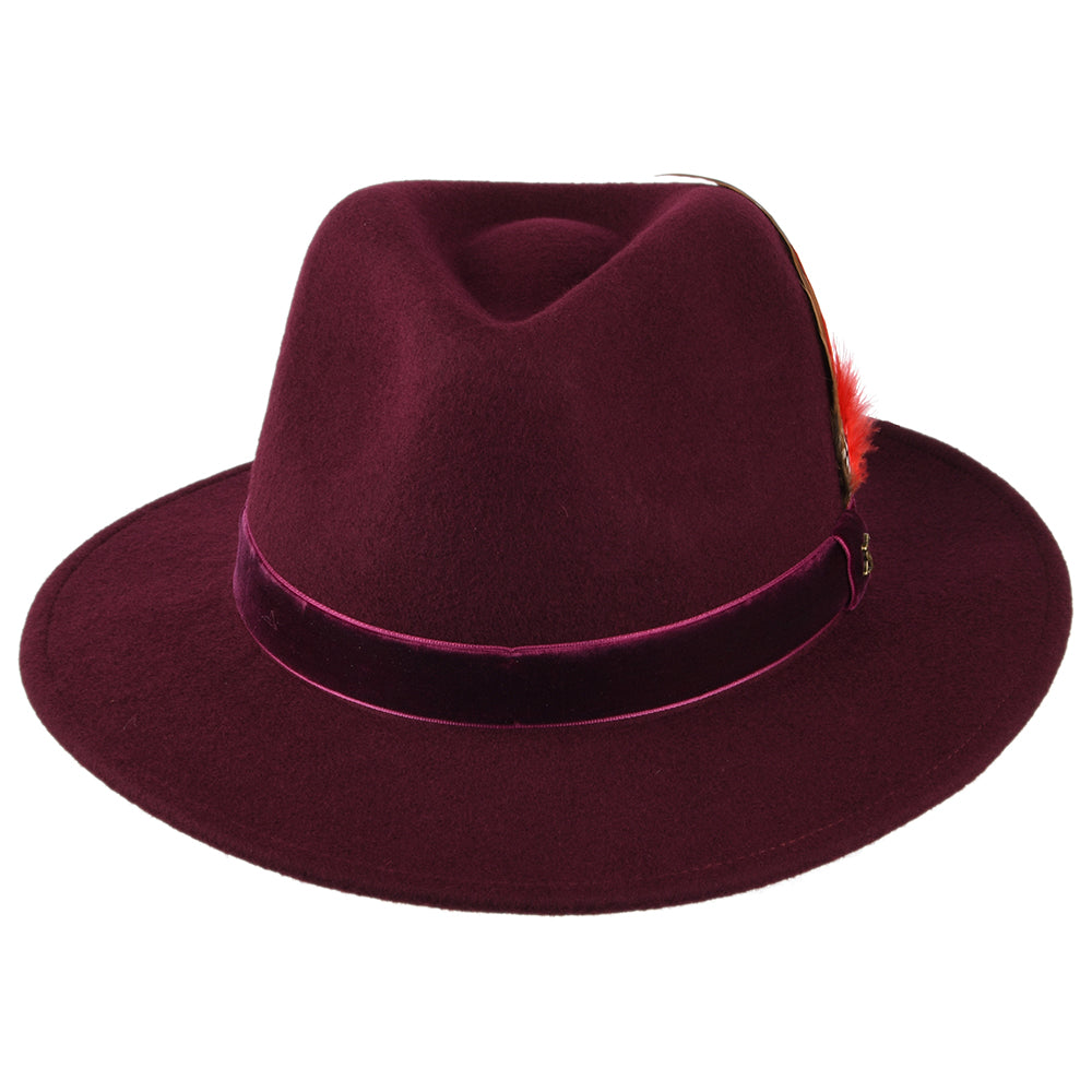Chapeau Fedora en Laine Feutrée avec Bandeau en Velours rouge foncé JOULES
