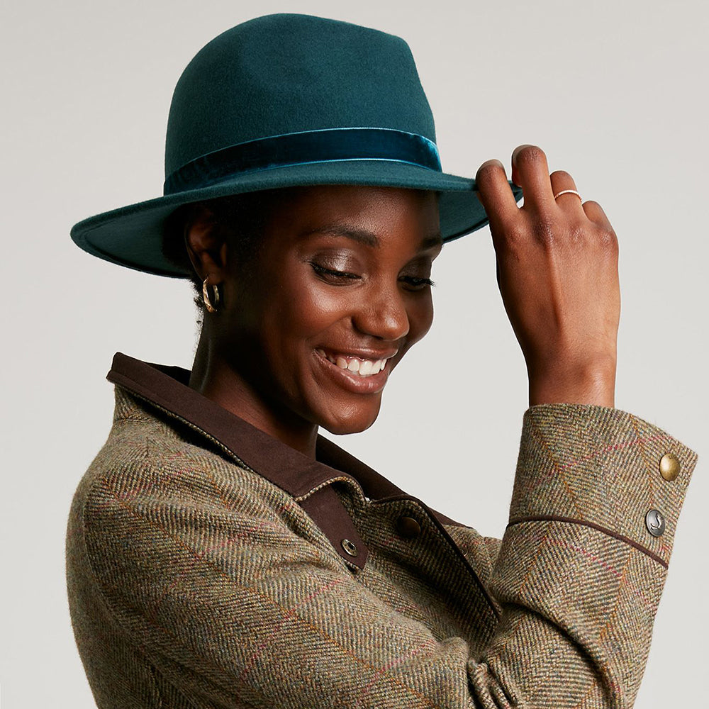 Chapeau Fedora en Laine Feutrée avec Bandeau en Velours bleu sarcelle JOULES