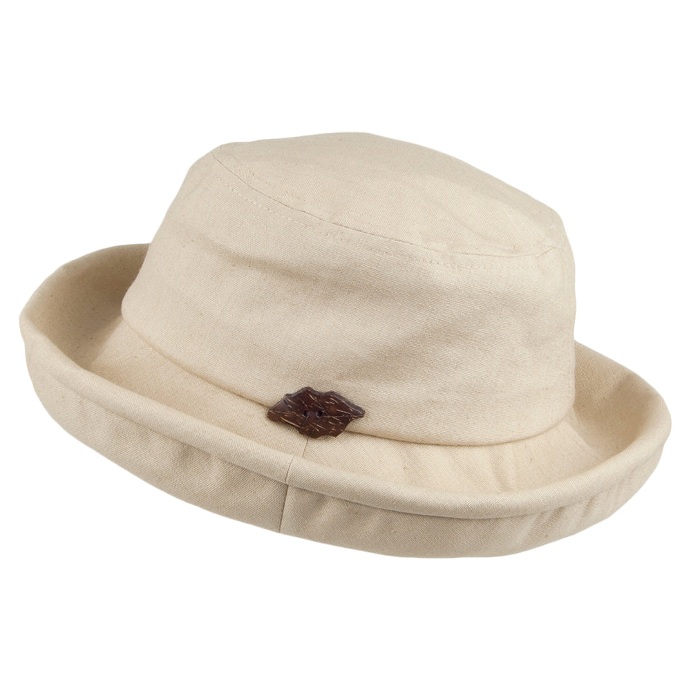 Chapeau Bob Pliable en Lin et Coton Arbres beige SUR LA TÊTE