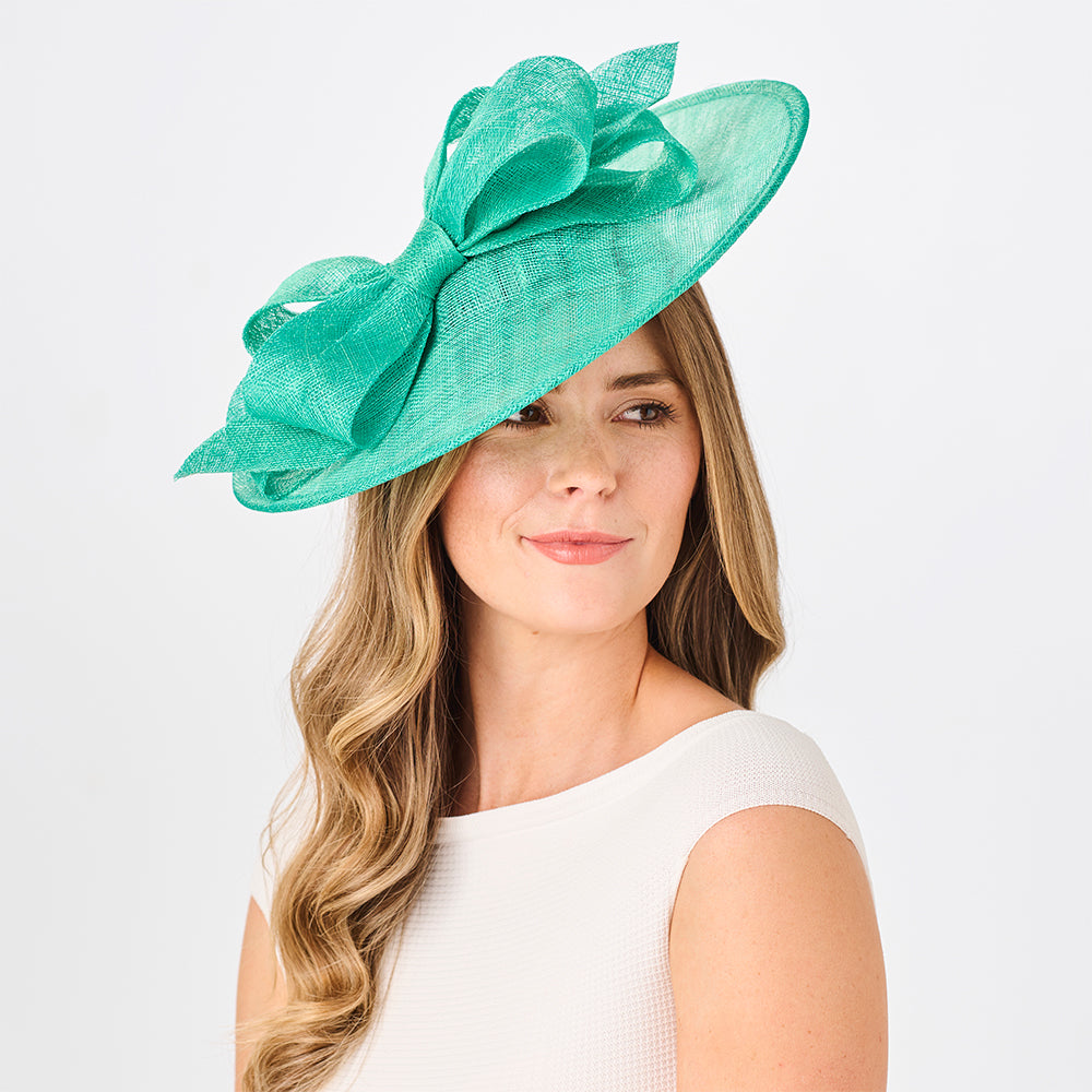 Chapeau Bibi Disque avec Large Nœud Caroline vert aqua FAILSWORTH