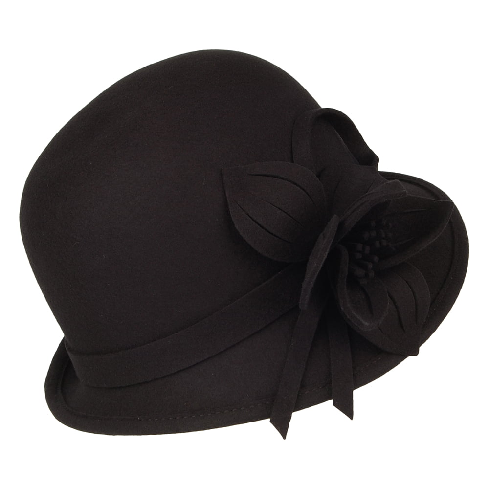 Chapeau Cloche en Laine Feutrée avec Fleur noir FAILSWORTH