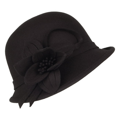 Chapeau Cloche en Laine Feutrée avec Fleur noir FAILSWORTH