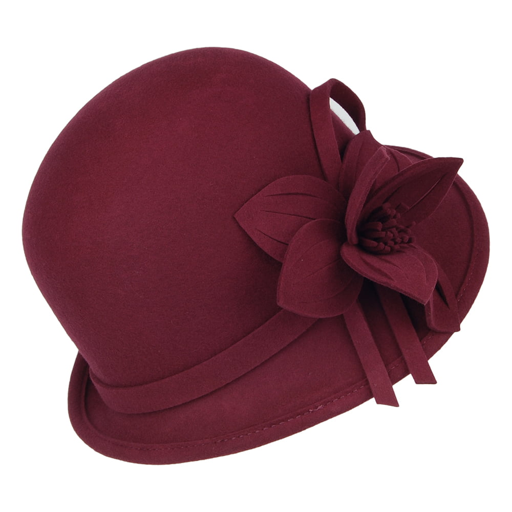 Chapeau Cloche en Laine Feutrée avec Fleur bordeaux FAILSWORTH