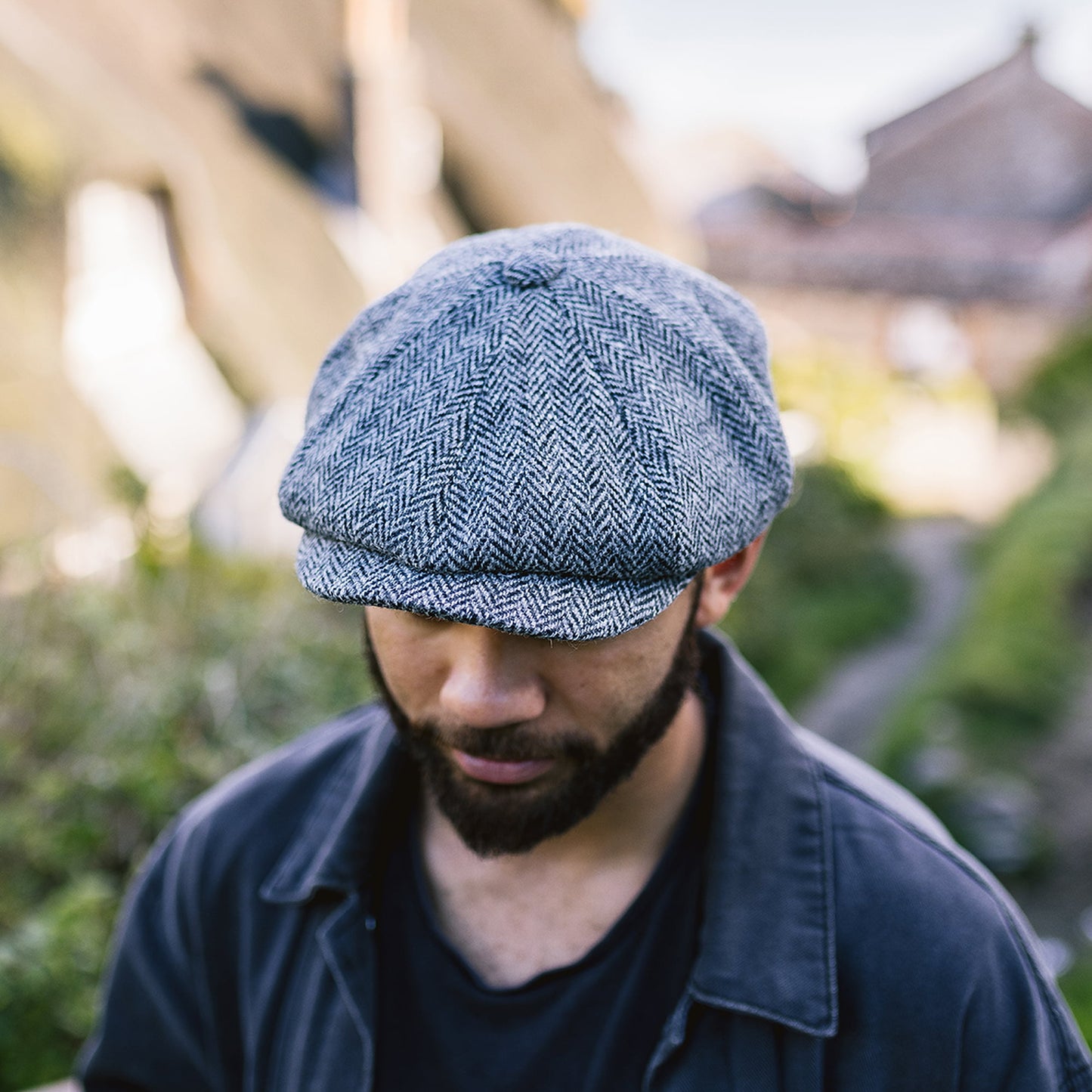 Casquette Gavroche en HARRIS TWEED Castlebay noir-gris JAXON & JAMES