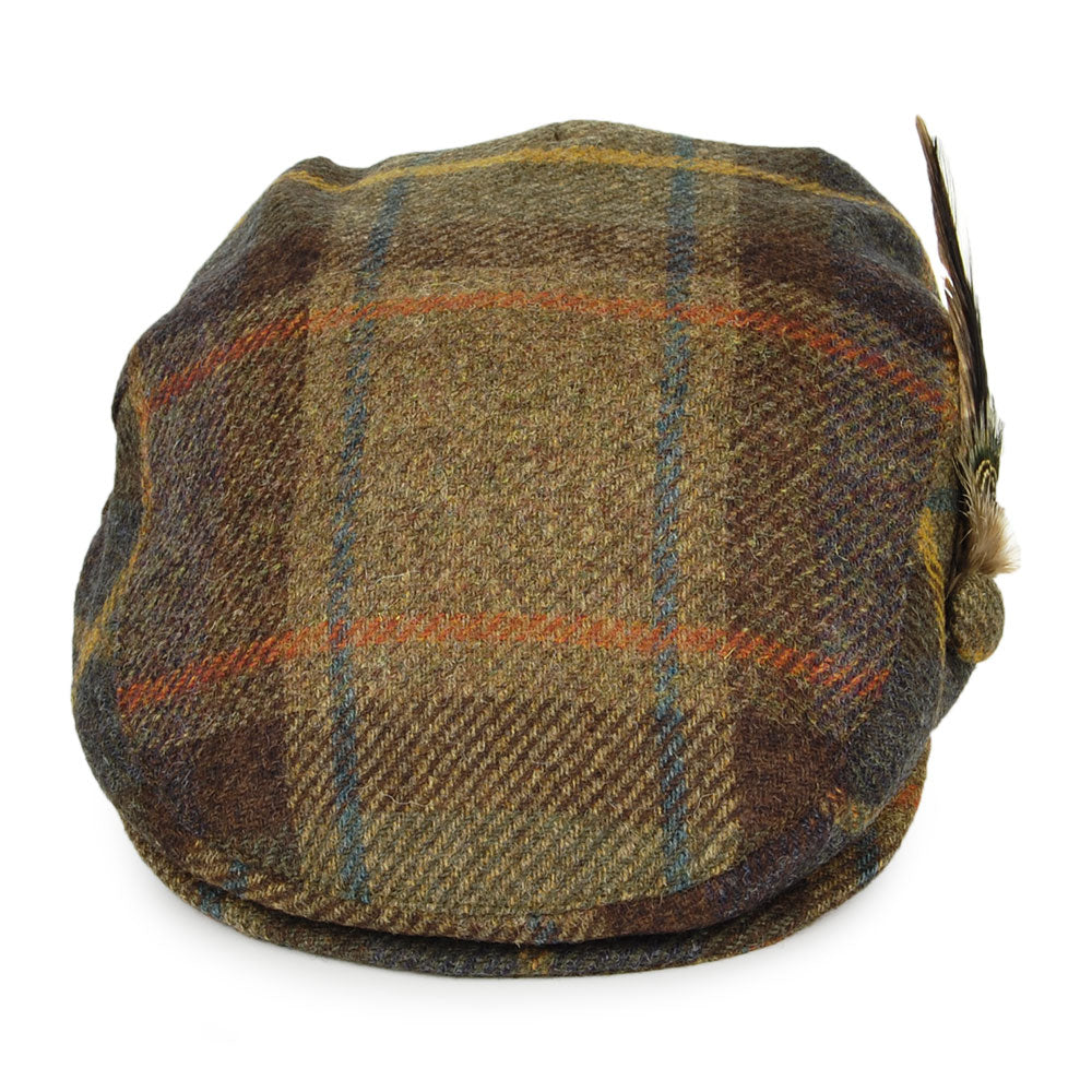 Casquette Plate en Laine Britannique Tartan avec Plume olive mélangé FAILSWORTH
