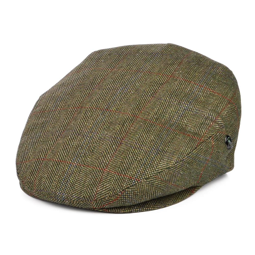 Casquette Plate en Pure Soie à Carreaux et Chevrons olive CITY SPORT