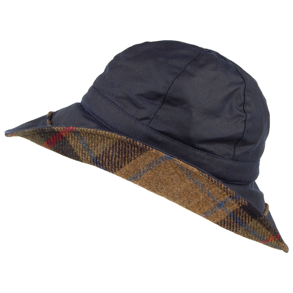 Chapeau Bob en Coton Ciré avec Ornement Tartan bleu marine FAILSWORTH