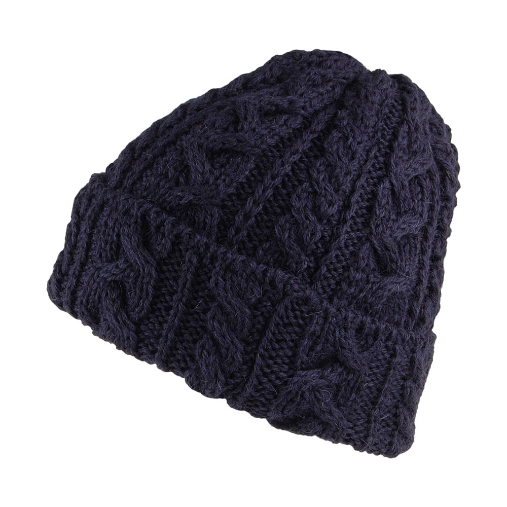 Bonnet en Laine Anglaise à Torsades et Revers bleu marine HIGHLAND 2000