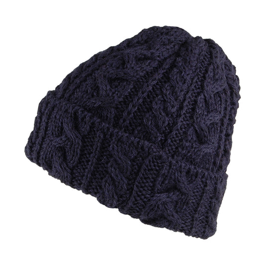 Bonnet en Laine Anglaise à Torsades et Revers bleu marine HIGHLAND 2000