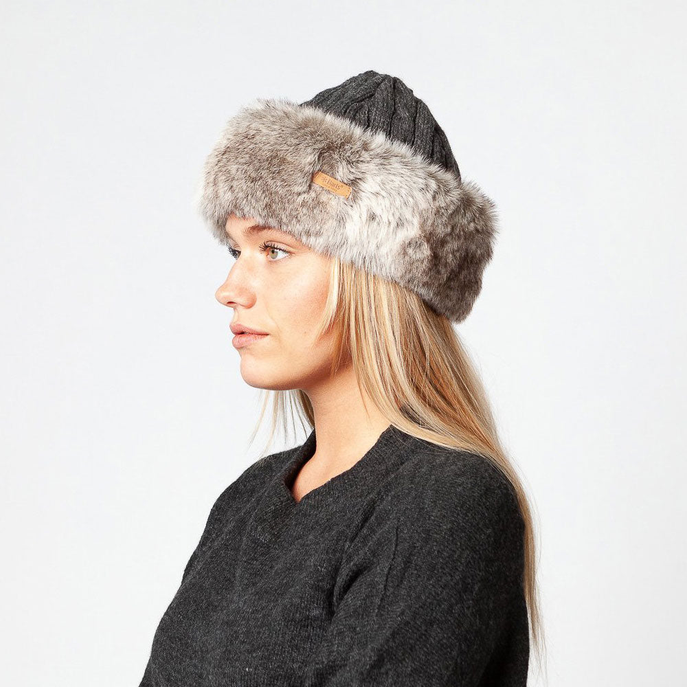 Bonnet à Torsades et Fausse Fourrure anthracite-beige sable BARTS