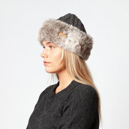 Bonnet à Torsades et Fausse Fourrure anthracite-beige sable BARTS
