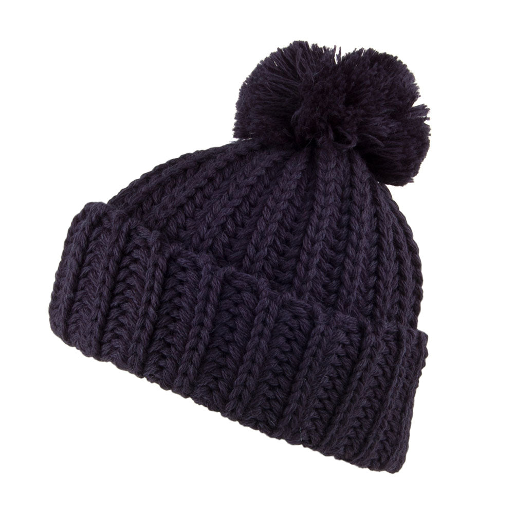 Bonnet à Pompon et Revers en Laine Anglaise Grosse Maille bleu marine HIGHLAND 2000