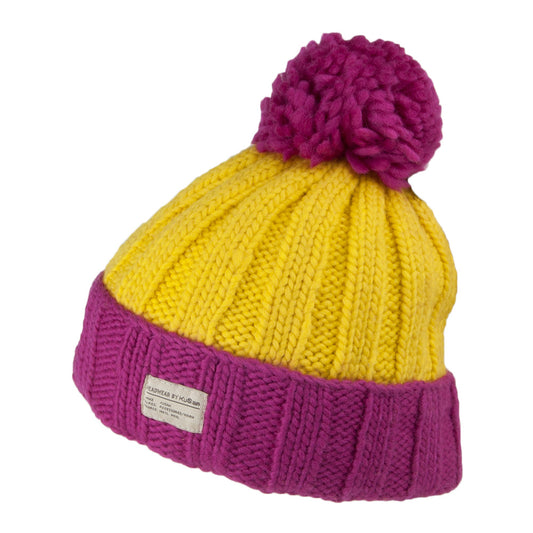 Bonnet à Pompon Côtelé Turn Up rose-jaune KUSAN