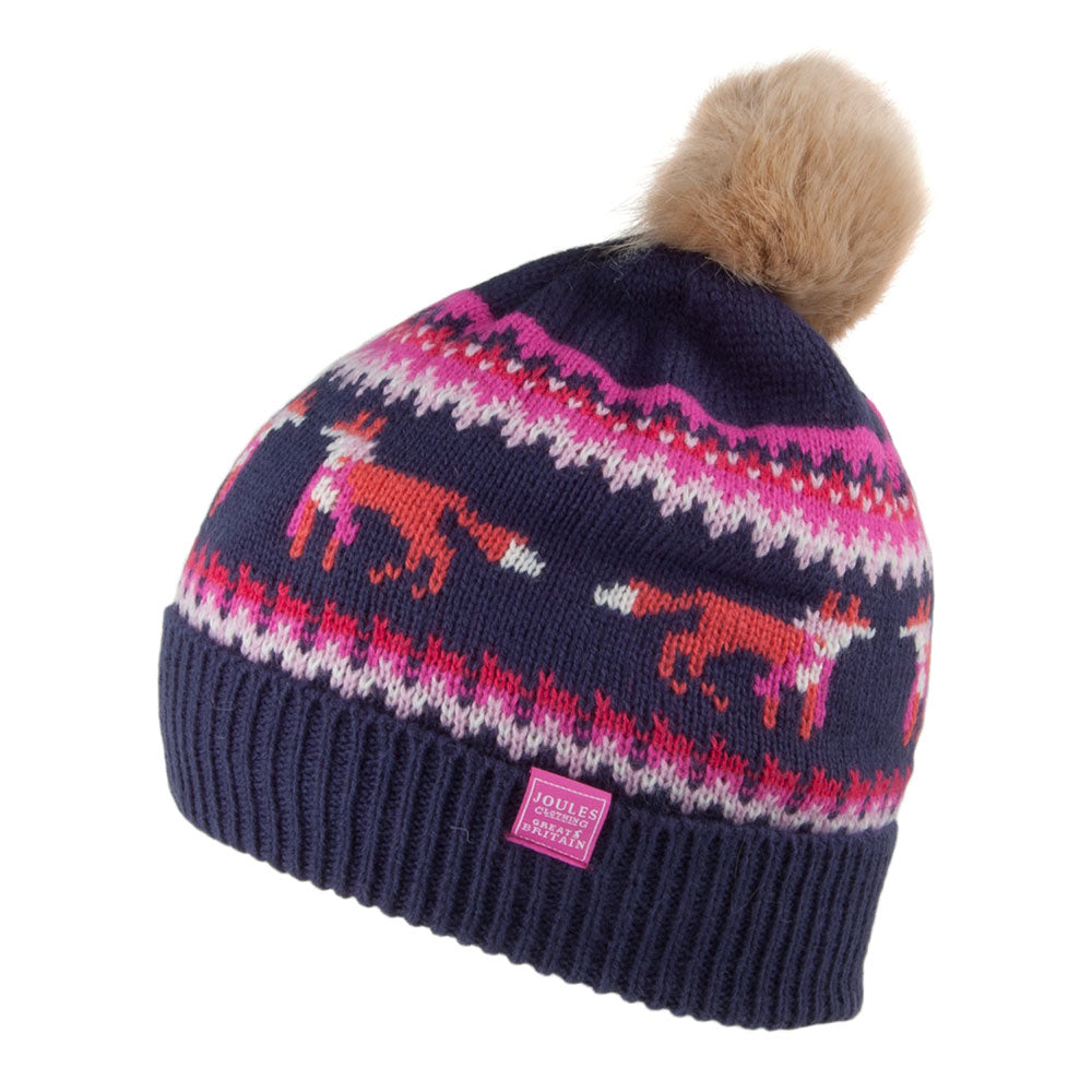 Bonnet à Pompon Enfant Tricot Fair Isle Foxes bleu marine-rose JOULES