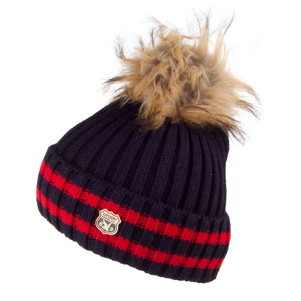 Bonnet à Pompon en Fausse Fourrure Aimee bleu marine SUPERDRY