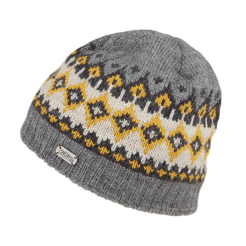 Bonnet Jauge Fine Fair Isle gris-jaune KUSAN