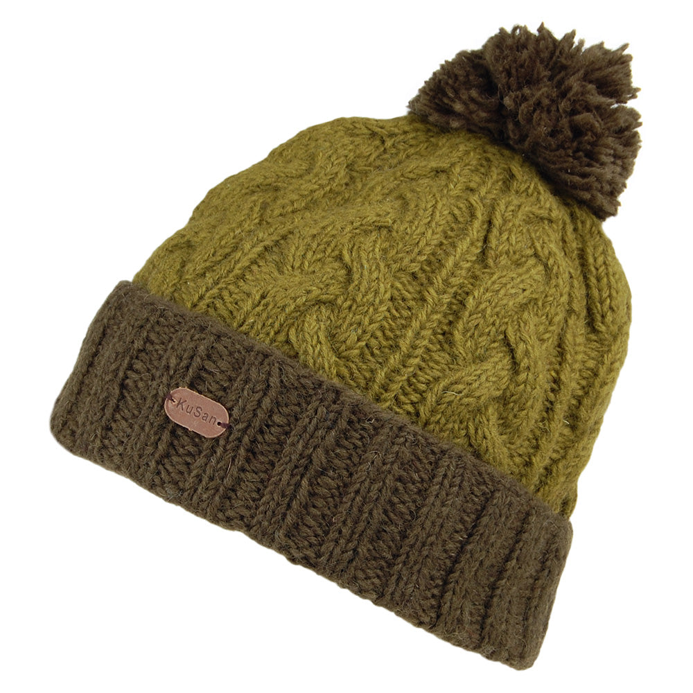 Bonnet à Pompon et Torsades Bicolore Turn Up olive-vert KUSAN