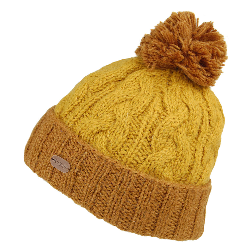 Bonnet à Pompon et Torsades Bicolore Turn Up moutarde KUSAN