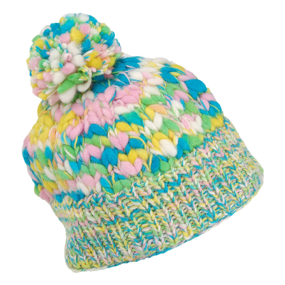 Bonnet à Pompon en Laine Irrégulière vert-jaune KUSAN