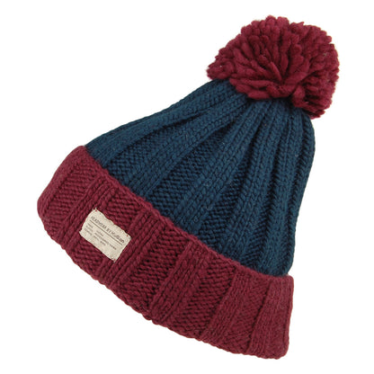Bonnet à Pompon Côtelé Turn Up bordeaux-bleu sarcelle KUSAN