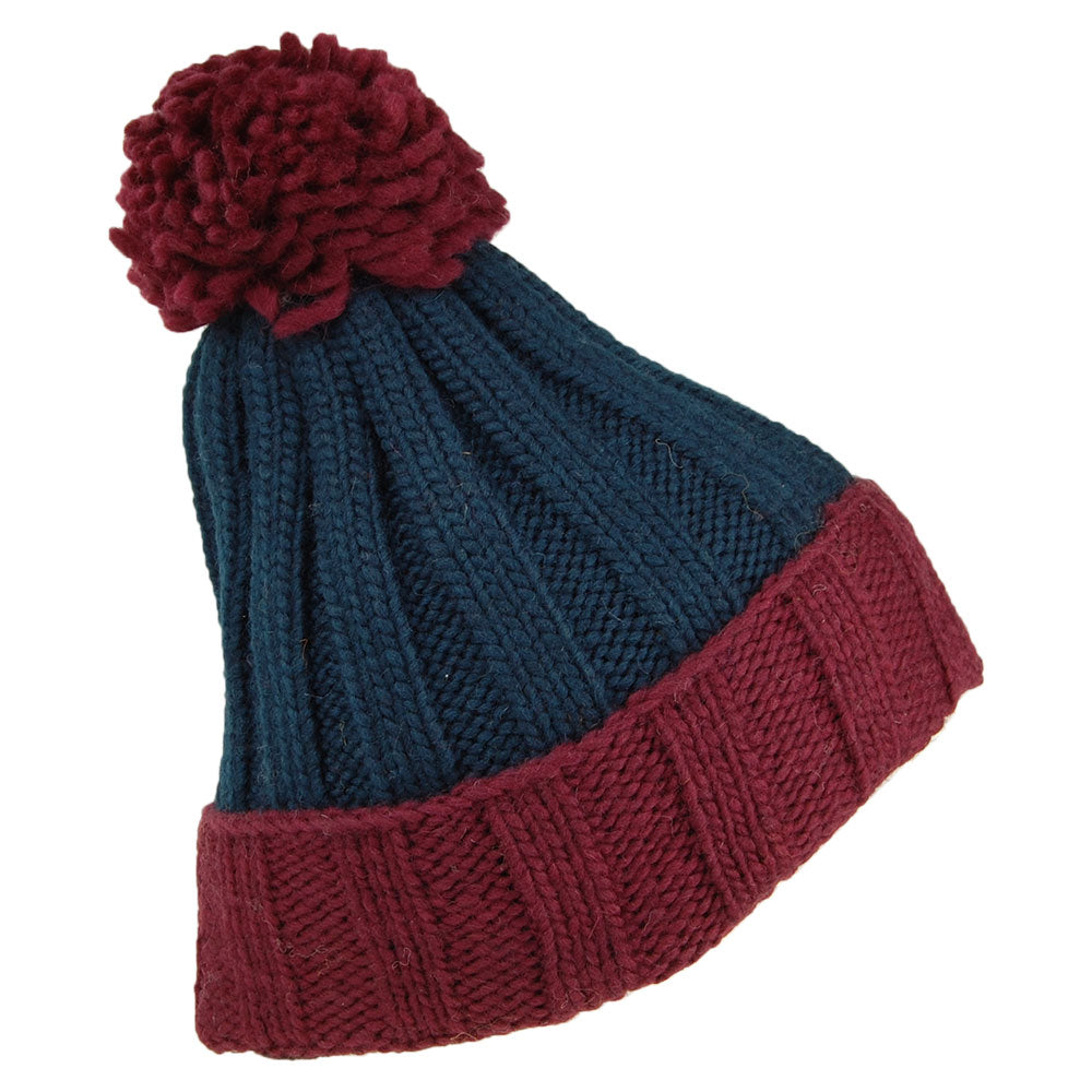 Bonnet à Pompon Côtelé Turn Up bordeaux-bleu sarcelle KUSAN