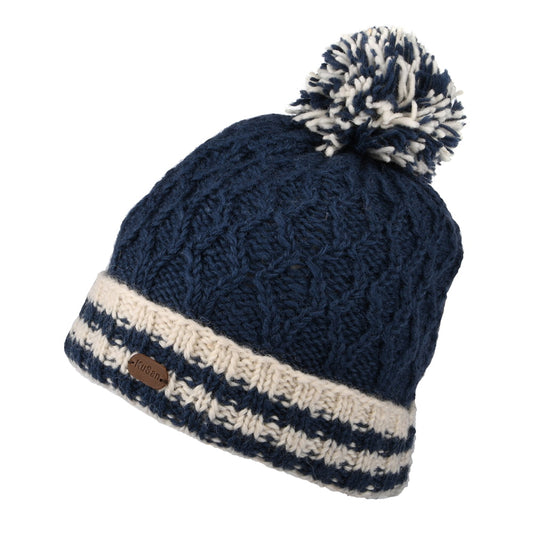 Bonnet à Pompon Maille Losange et Revers à Rayures bleu marine KUSAN